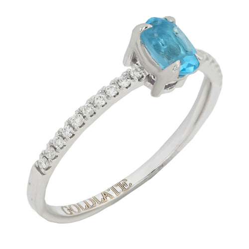 14k White Gold Ring Band with Blue Topaz Gemstone and Diamonds Wedding or Anniversary Ring - 1