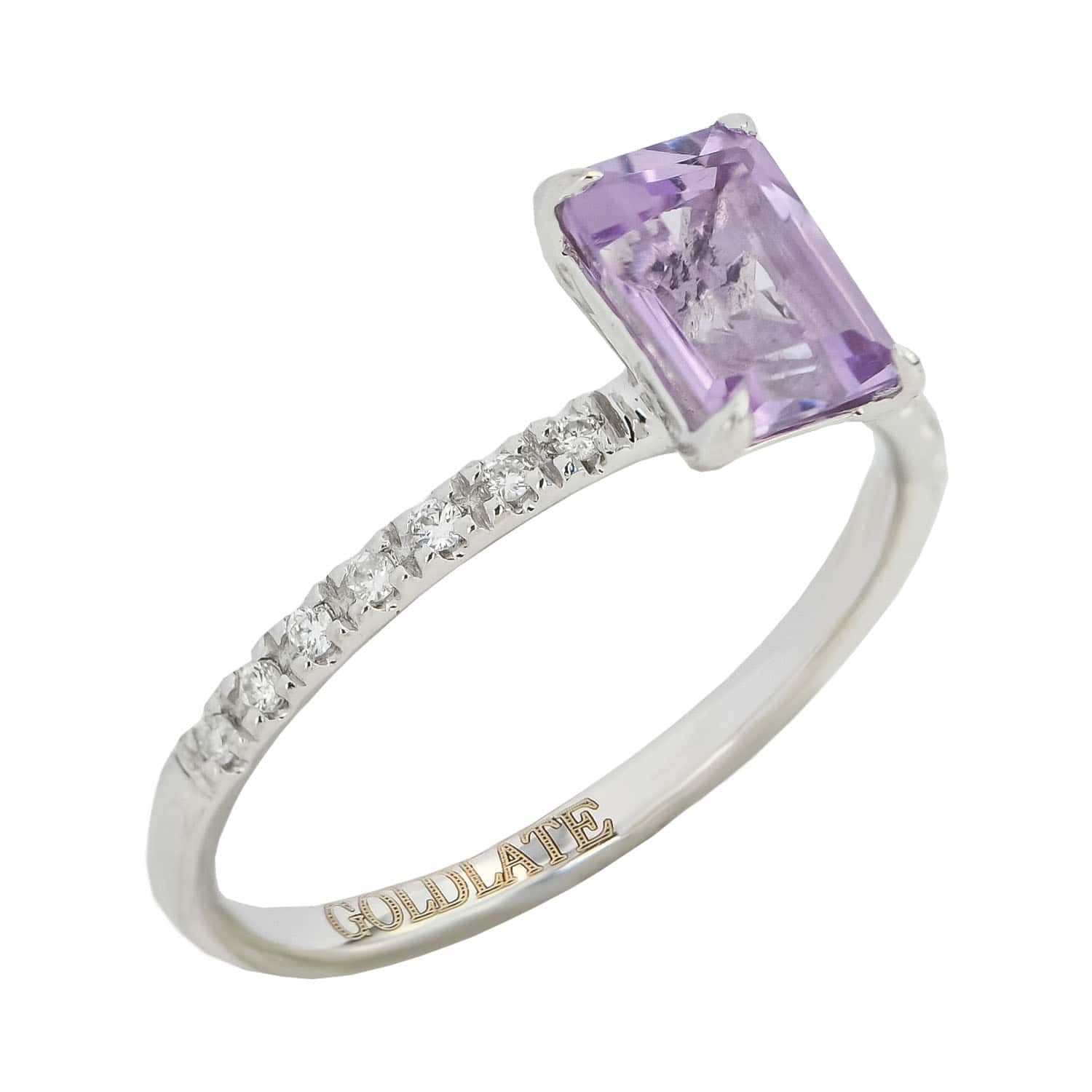 14k White Gold Ring Band with Purple Amethyst Gemstone and Diamonds Wedding or Anniversary Ring - 1